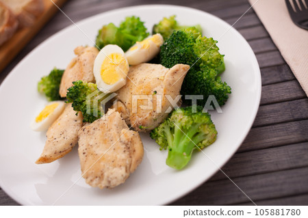 Chicken breast with broccoli and quail eggs on plate for healthy dinner 105881780