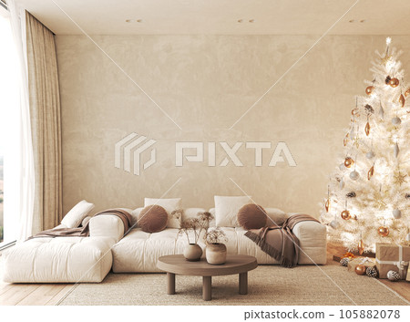 Contemporary scandi boho white beige livingroom with sofa and decor - carpet background. Large modern japanese Christmas tree and nature view. 3d rendering mock up. High quality 3d illustration Contemporary scandi boho white beige livingroom with sofa and decor - carpet background. Large modern japanese Christmas tree and nature view. 3d rendering mock up. High quality 3d illustration 105882078