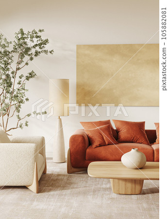 Contemporary classic white beige livingroom with plants and decor - carpet background. Light modern japanese lamp and nature view. 3d rendering illustration mock up. High quality 3d illustration 105882081
