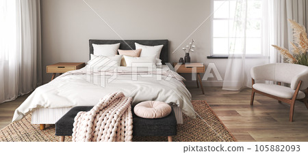 Scandinavian hamptons white bedroom interior design. Wooden farmhouse furniture and dry plants. Horizontal banner panoramic background. 3d rendering. High quality 3d illustration Scandinavian hamptons white bedroom interior design. Wooden farmhouse furniture and dry plants. Horizontal banner panoramic background. 3d rendering. High quality 3d illustration 105882093