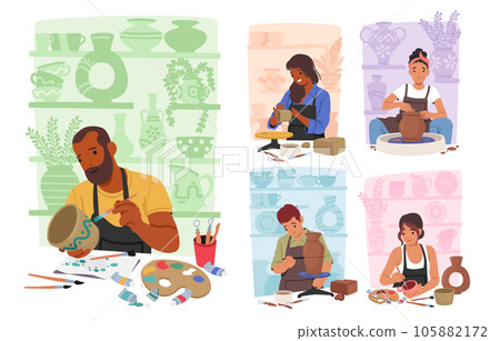 Male and Female Artist Characters Shaping Clay On Potter Wheels Or By Hand, Forming Beautiful Pottery Pieces 105882172