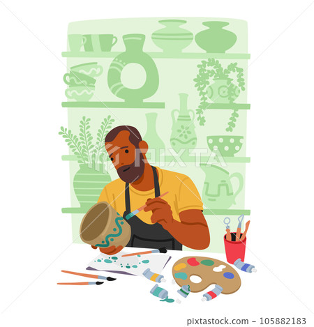 Focused Artist Male Character Molding Intricate Design On Handmade Pottery With Steady Brush Strokes And Vibrant Colors Focused Artist Male Character Molding Intricate Design On Handmade Pottery With Steady Brush Strokes And Vibrant Colors 105882183