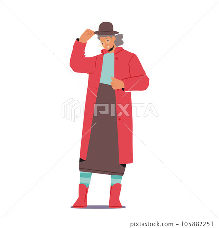 Elegant Senior Woman Dons Warm Autumn Attire. Old Lady Featuring Cozy Sweater, Coat, Hat, Stockings And Stylish Boots 105882251