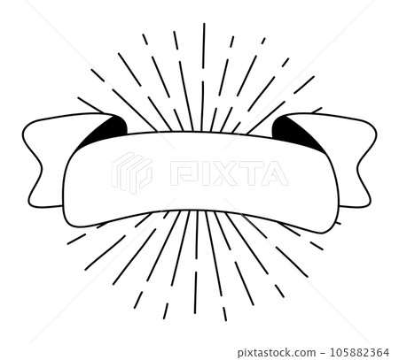 Black monoline ribbon with sun rays. Line banner icon, Web design element. Hand drawn vector illustration. Place for your text for business, greeting card and holidays copy space 105882364
