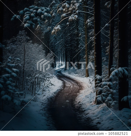 Mystic magic forest  covered with snow . Generative AI 105882521