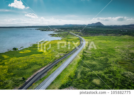 Highway road through mossy remote wilderness by coastline in summer 105882775