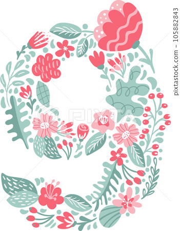 Vector Hand Drawn Font Number 9 nine with Flowers and Branches Blossom Spring. Floral alphabet Typography Summer letter monogram or Logo Design wedding abc Vector Hand Drawn Font Number 9 nine with Flowers and Branches Blossom Spring. Floral alphabet Typography Summer letter monogram or Logo Design wedding abc 105882843