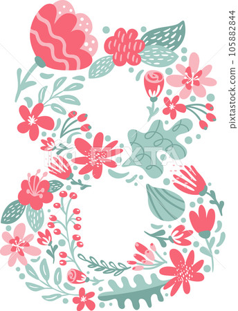 Vector Hand Drawn Font Number 8 eight with Flowers and Branches Blossom Spring. Floral alphabet Typography Summer letter monogram or Logo Design wedding abc 105882844