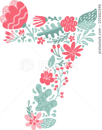 Vector Hand Drawn Font Number 7 seven with Flowers and Branches Blossom Spring. Floral alphabet Typography Summer letter monogram or Logo Design wedding abc Vector Hand Drawn Font Number 7 seven with Flowers and Branches Blossom Spring. Floral alphabet Typography Summer letter monogram or Logo Design wedding abc 105882846