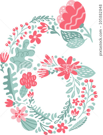 Vector Hand Drawn Font Number 6 six with Flowers and Branches Blossom Spring. Floral alphabet Typography Summer letter monogram or Logo Design wedding abc 105882848