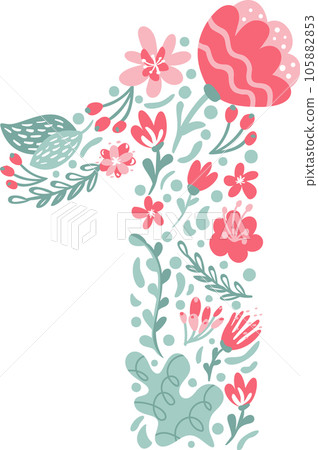 Vector Hand Drawn Font Number 1 one with Flowers and Branches Blossom Spring. Floral alphabet Typography Summer letter monogram or Logo Design wedding abc 105882853