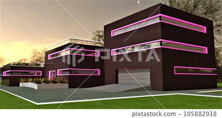 Straight narrow windows with crimson backlighting perfectly complement the exterior of red brick during the nighttime. 3D rendering. Straight narrow windows with crimson backlighting perfectly complement the exterior of red brick during the nighttime. 3D rendering. 105882918