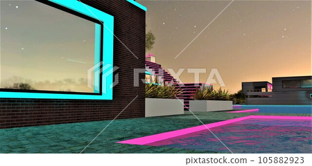 The crimson illumination reflects on the surface of the pool in front of the house, with turquoise glowing window arches against the backdrop of the nighttime sky an hour before sunrise. 3D rendering. 105882923