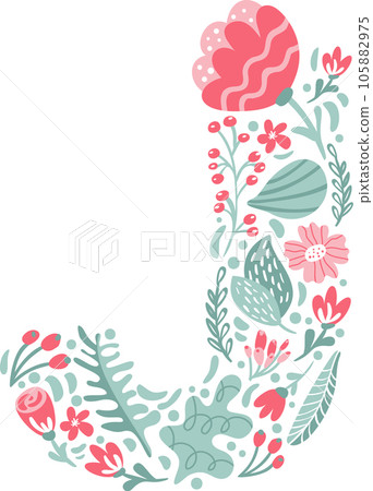 Vector Hand Drawn Font Letter J with Flowers and Branches Blossom Spring. Floral alphabet Typography uppercase Summer letter monogram or Logo Design wedding abc 105882975