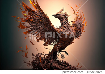 Phoenix fantastic in flight flapping wings blazing with fire created by generative AI Phoenix fantastic in flight flapping wings blazing with fire created by generative AI 105883024