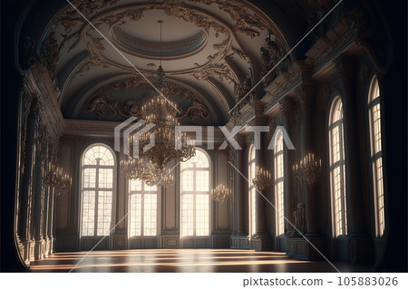 an empty glamorous rococo baroque ballroom generated by AI 105883026