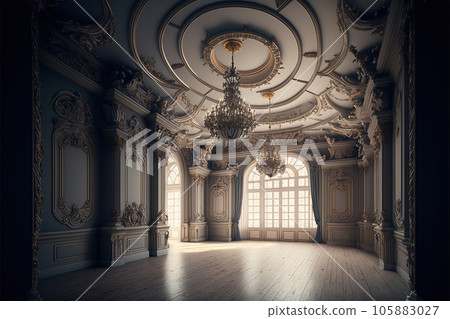 an empty glamorous rococo baroque ballroom generated by AI 105883027