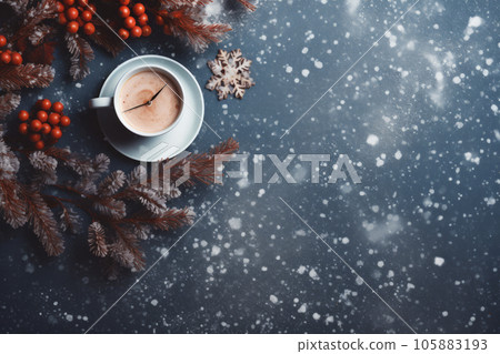 Blue winter background with fir pine branches red berries and clock cup of coffee empty copy space. Generative AI Blue winter background with fir pine branches red berries and clock cup of coffee empty copy space. Generative AI 105883193
