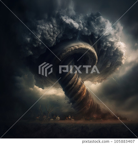 A large storm producing a Tornado, causing destruction. 3D Illustration. Generative AI 105883407