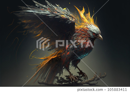 Phoenix fantastic in flight flapping wings blazing with fire created by generative AI Phoenix fantastic in flight flapping wings blazing with fire created by generative AI 105883411
