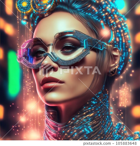 Illustration of beautiful young Cyberpunk Woman... - Stock Illustration ...