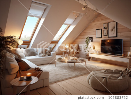 Modern interior design Triangle attic room in modern vintage style 105883732