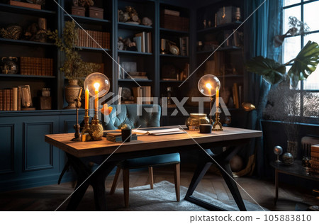 Modern interior design Office decorated in blue and gold in modern vintage style Modern interior design Office decorated in blue and gold in modern vintage style 105883810