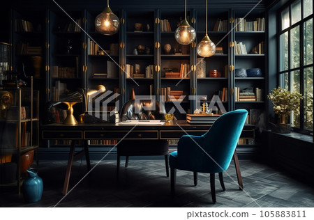 Modern interior design Office decorated in blue and gold in modern vintage style Modern interior design Office decorated in blue and gold in modern vintage style 105883811