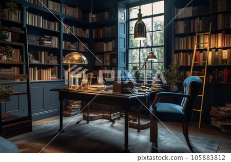 Modern interior design Office decorated in blue and gold in modern vintage style Modern interior design Office decorated in blue and gold in modern vintage style 105883812