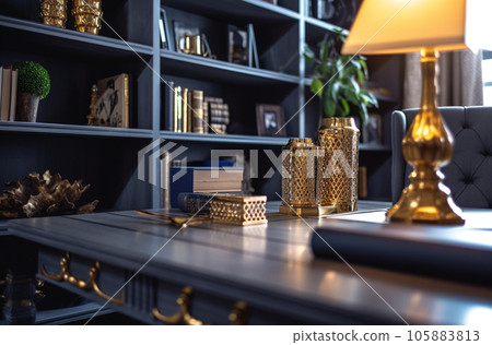 Modern interior design Office decorated in blue and gold in modern vintage style Modern interior design Office decorated in blue and gold in modern vintage style 105883813