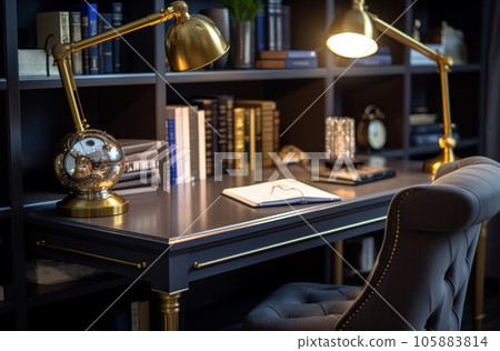 Modern interior design Office decorated in blue and gold in modern vintage style Modern interior design Office decorated in blue and gold in modern vintage style 105883814