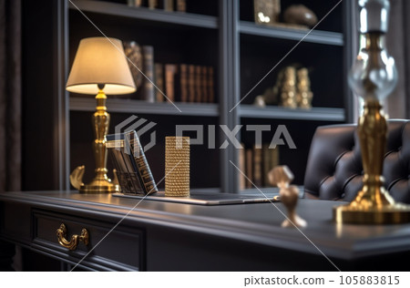 Modern interior design Office decorated in blue and gold in modern vintage style Modern interior design Office decorated in blue and gold in modern vintage style 105883815