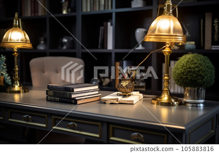 Modern interior design Office decorated in blue and gold in modern vintage style Modern interior design Office decorated in blue and gold in modern vintage style 105883816
