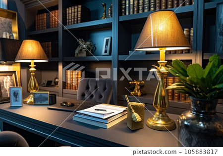 Modern interior design Office decorated in blue and gold in modern vintage style Modern interior design Office decorated in blue and gold in modern vintage style 105883817