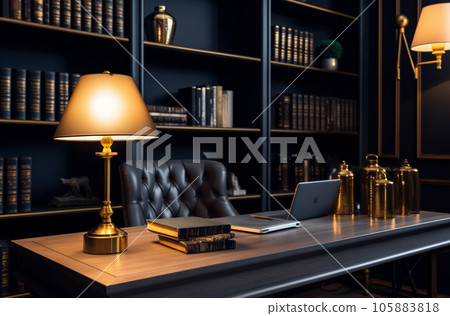 Modern interior design Office decorated in blue and gold in modern vintage style Modern interior design Office decorated in blue and gold in modern vintage style 105883818