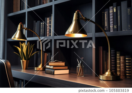 Modern interior design Office decorated in blue and gold in modern vintage style Modern interior design Office decorated in blue and gold in modern vintage style 105883819