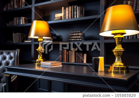 Modern interior design Office decorated in blue and gold in modern vintage style Modern interior design Office decorated in blue and gold in modern vintage style 105883820
