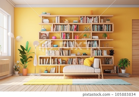 Modern interior design The reading room is decorated in yellow in a bright style Modern interior design The reading room is decorated in yellow in a bright style 105883834