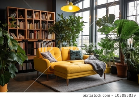 Modern interior design The reading room is decorated in yellow in a bright style 105883839