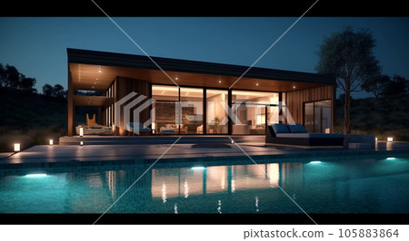 Modern house with swimming pool in luxury style at night 105883864