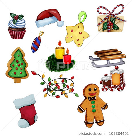 Winter Christmas elements ,candle, Gingerbread man,cake . Illustration. perfect for greetings card, poster, invitation, party decore, fabric 105884401