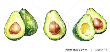 Set of watercolor avocado isolated on white. Generative ai. 105884434