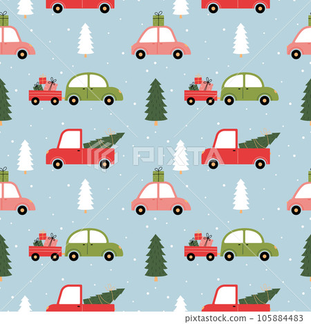 Seamless Christmas pattern with a variety of cars, Christmas trees and gifts on a blue background. Seamless Christmas pattern with a variety of cars, Christmas trees and gifts on a blue background. 105884483