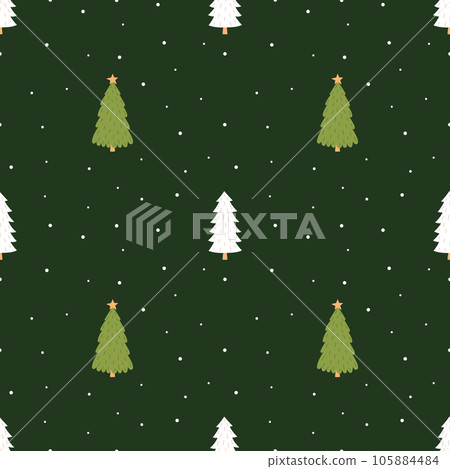 Seamless pattern of winter spruce forest. Stylized fir trees on a dark green snowy background. Seamless pattern of winter spruce forest. Stylized fir trees on a dark green snowy background. 105884484