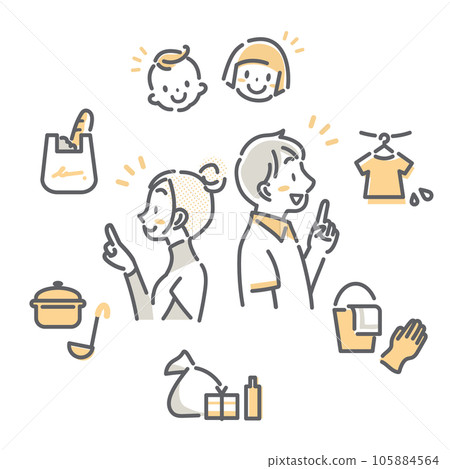 A young couple sharing housework and childcare Simple and stylish line drawing illustration A young couple sharing housework and childcare Simple and stylish line drawing illustration 105884564