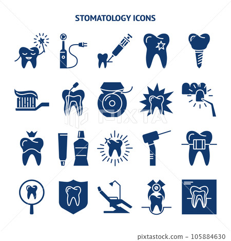 Stomatology and teeth care silhouette icon set in flat style 105884630