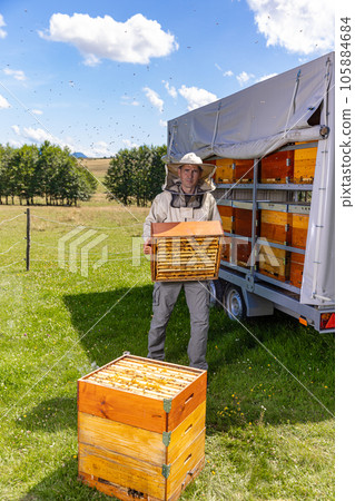 Beekeeper holds a honey cells Beekeeper holds a honey cells 105884684