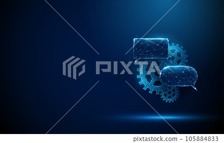 Abstract blue glowing chat boxes with gears. Chatbot and artificial intelligence concept Abstract blue glowing chat boxes with gears. Chatbot and artificial intelligence concept 105884833