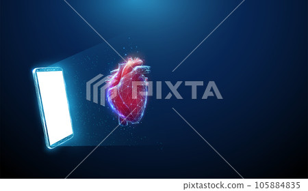 Abstract blue mobile phone, white screen and red human heart. Healthcare medical concept. Abstract blue mobile phone, white screen and red human heart. Healthcare medical concept. 105884835