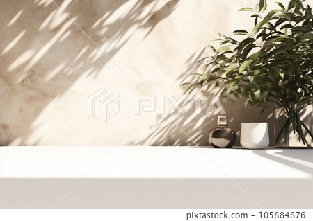 interior design, Minimal empty white marble stone counter table top, green tree in sunlight, leaf shadow on beige brown stucco cement wall for luxury organic cosmetic, skincare, beauty treatment produ interior design, Minimal empty white marble stone counter table top, green tree in sunlight, leaf shadow on beige brown stucco cement wall for luxury organic cosmetic, skincare, beauty treatment produ 105884876